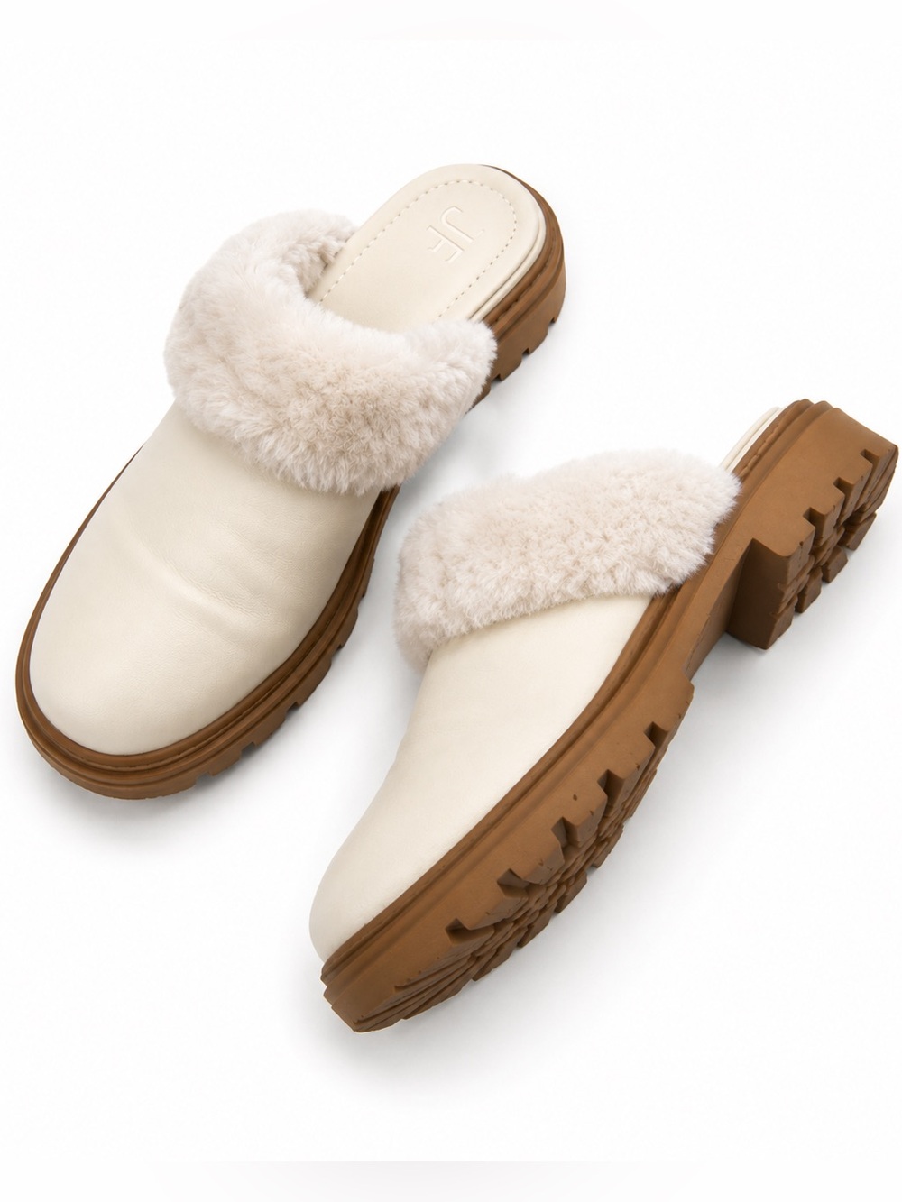 JustFab Cream Faux Fur Trim Mule Clogs Lug Sole Slip On Shoes Size 8